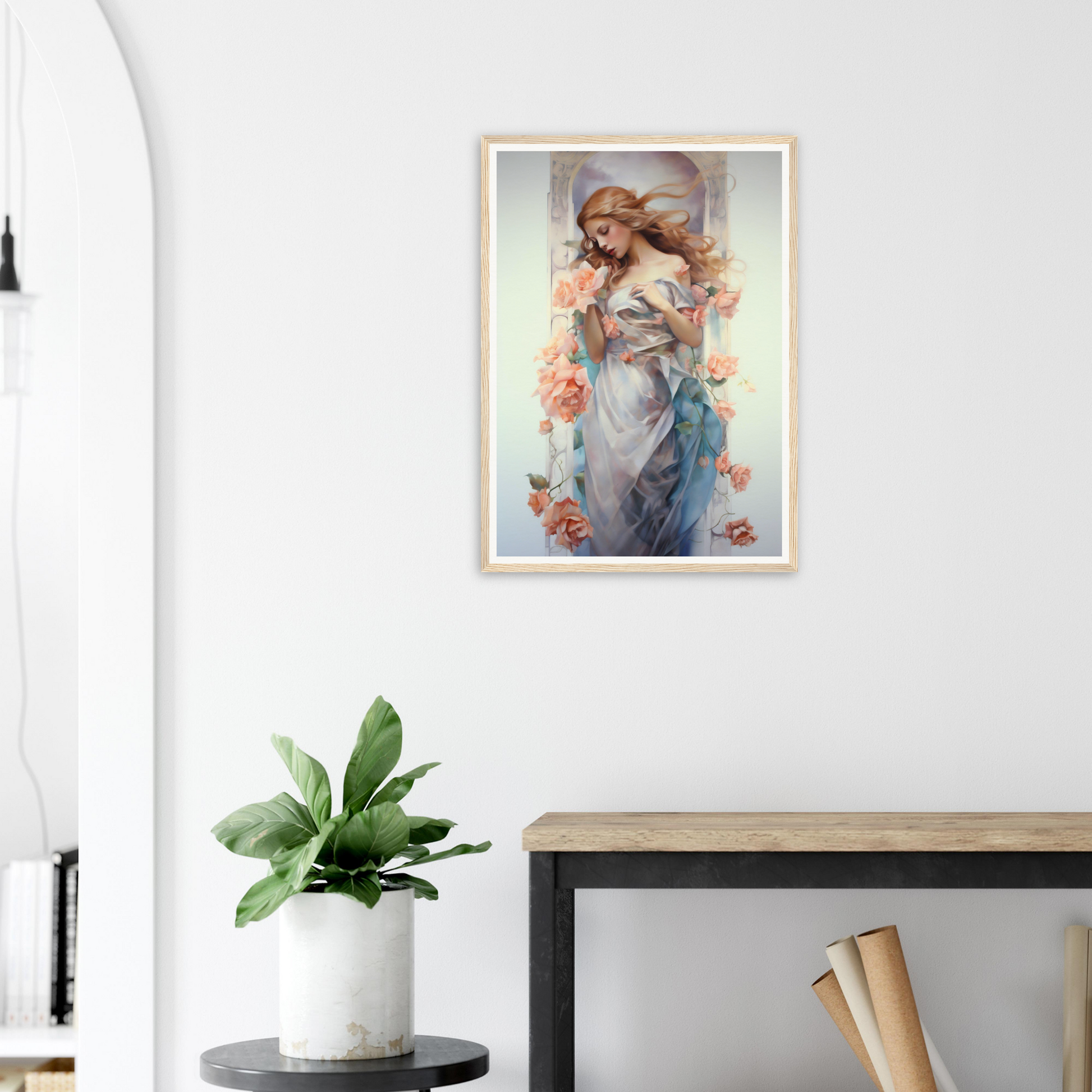 A framed print of a woman with flowers in her hair