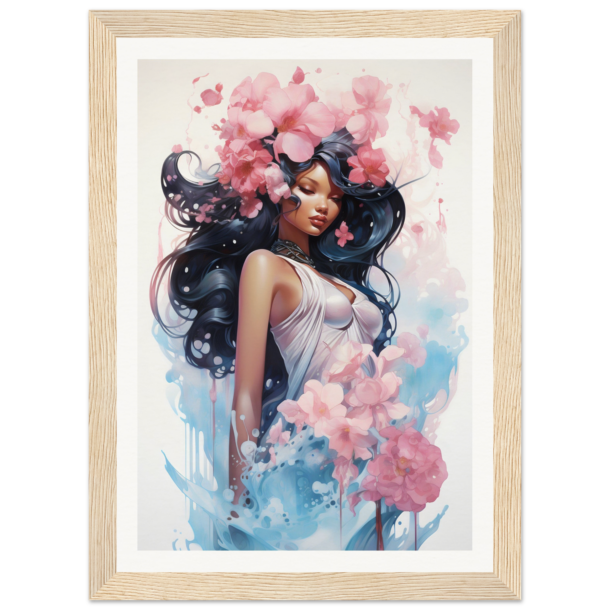 A framed print of a woman with flowers in her hair