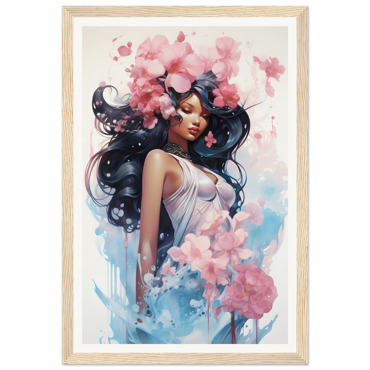 A framed print of a woman with flowers in her hair