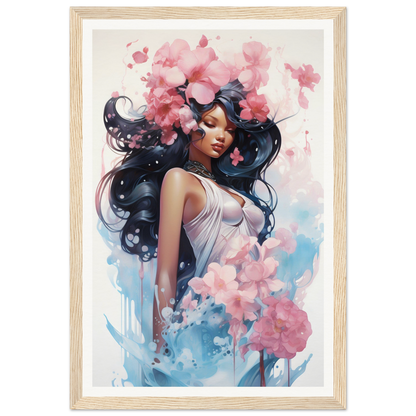 A framed print of a woman with flowers in her hair