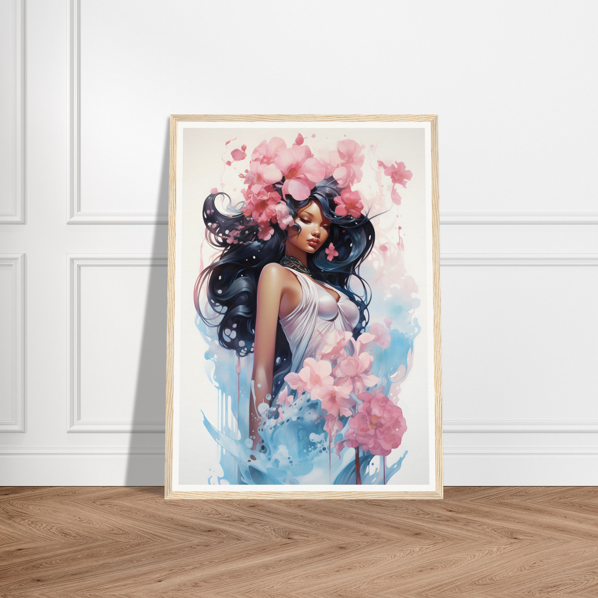 A framed print of a woman with flowers in her hair