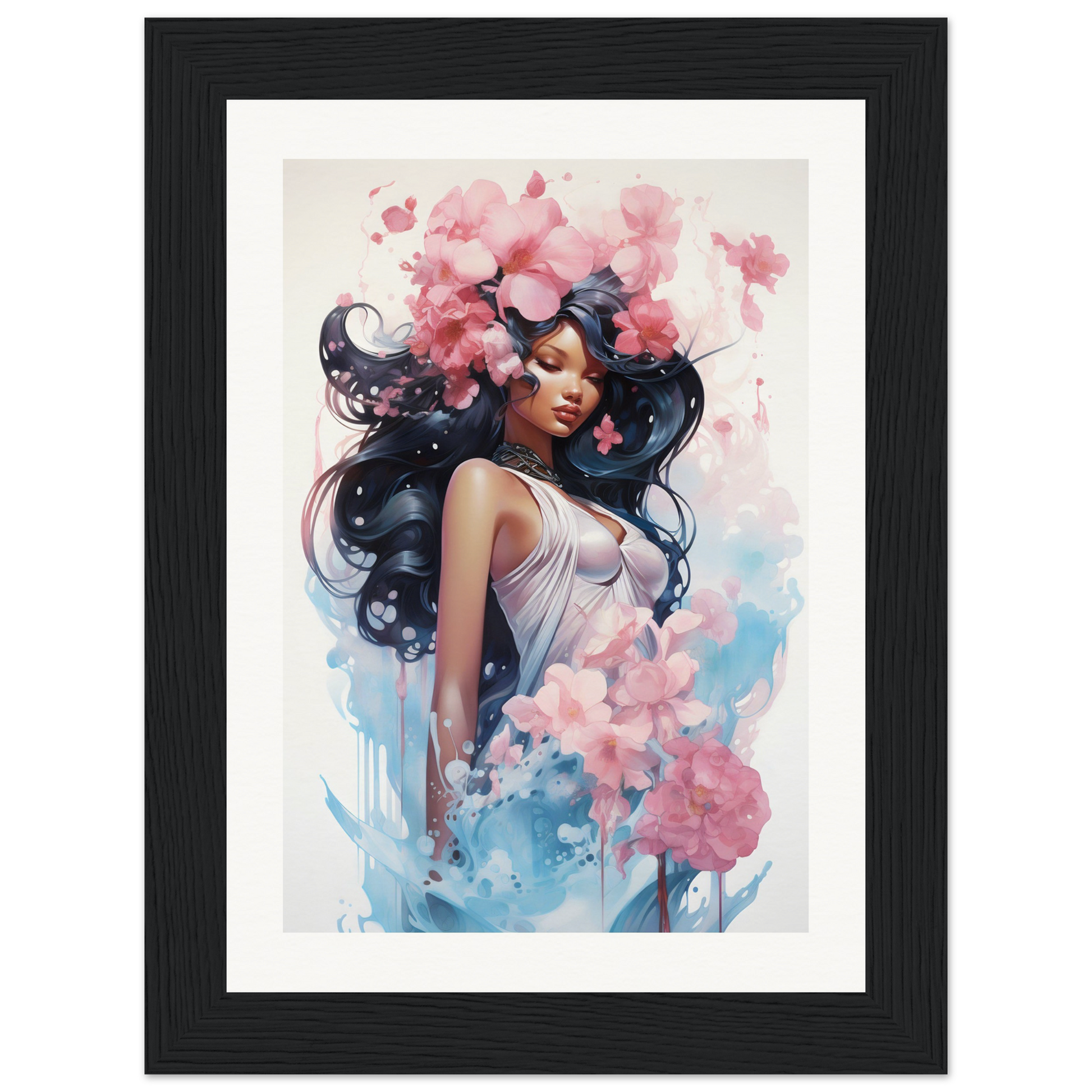 A framed print of a woman with flowers in her hair