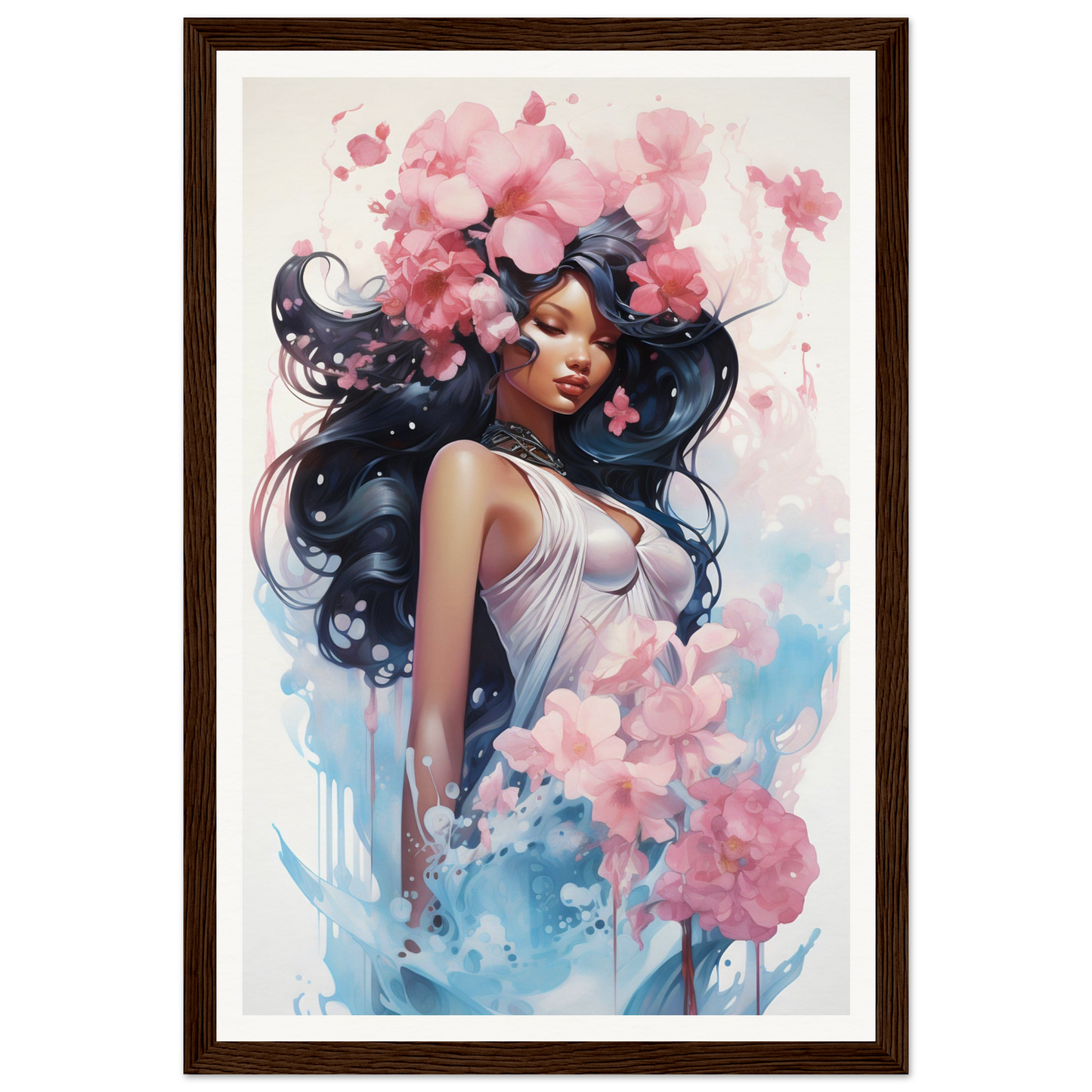 A framed print of a woman with flowers in her hair