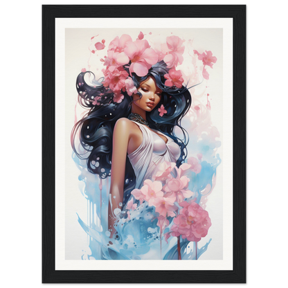 A framed print of a woman with flowers in her hair