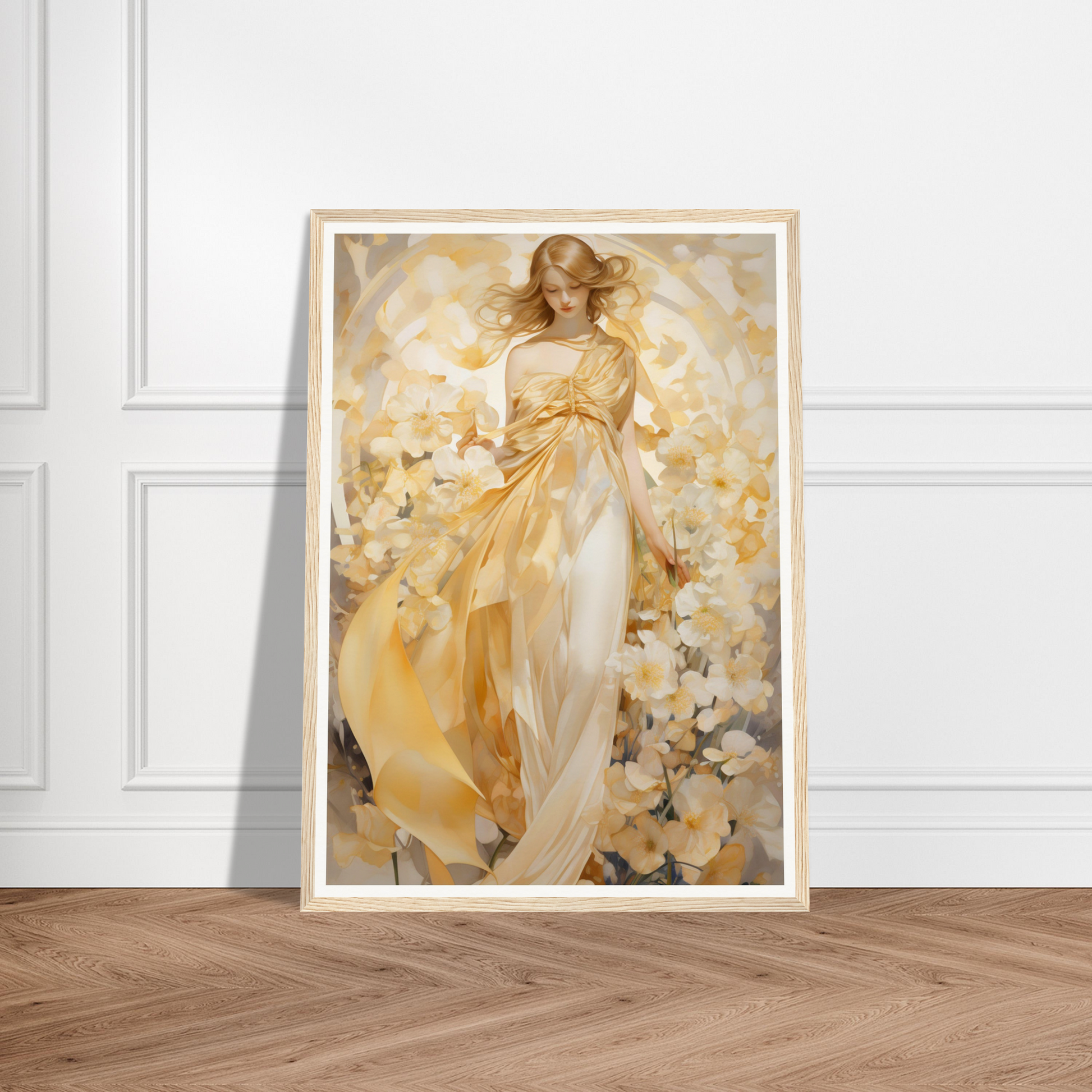 A framed print of a woman in a golden dress