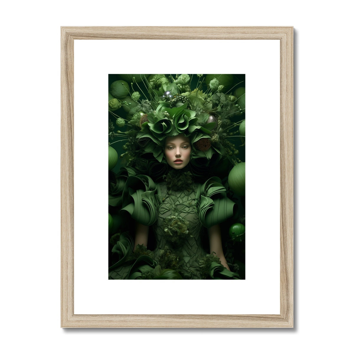 A framed print of a woman with green leaves on her head