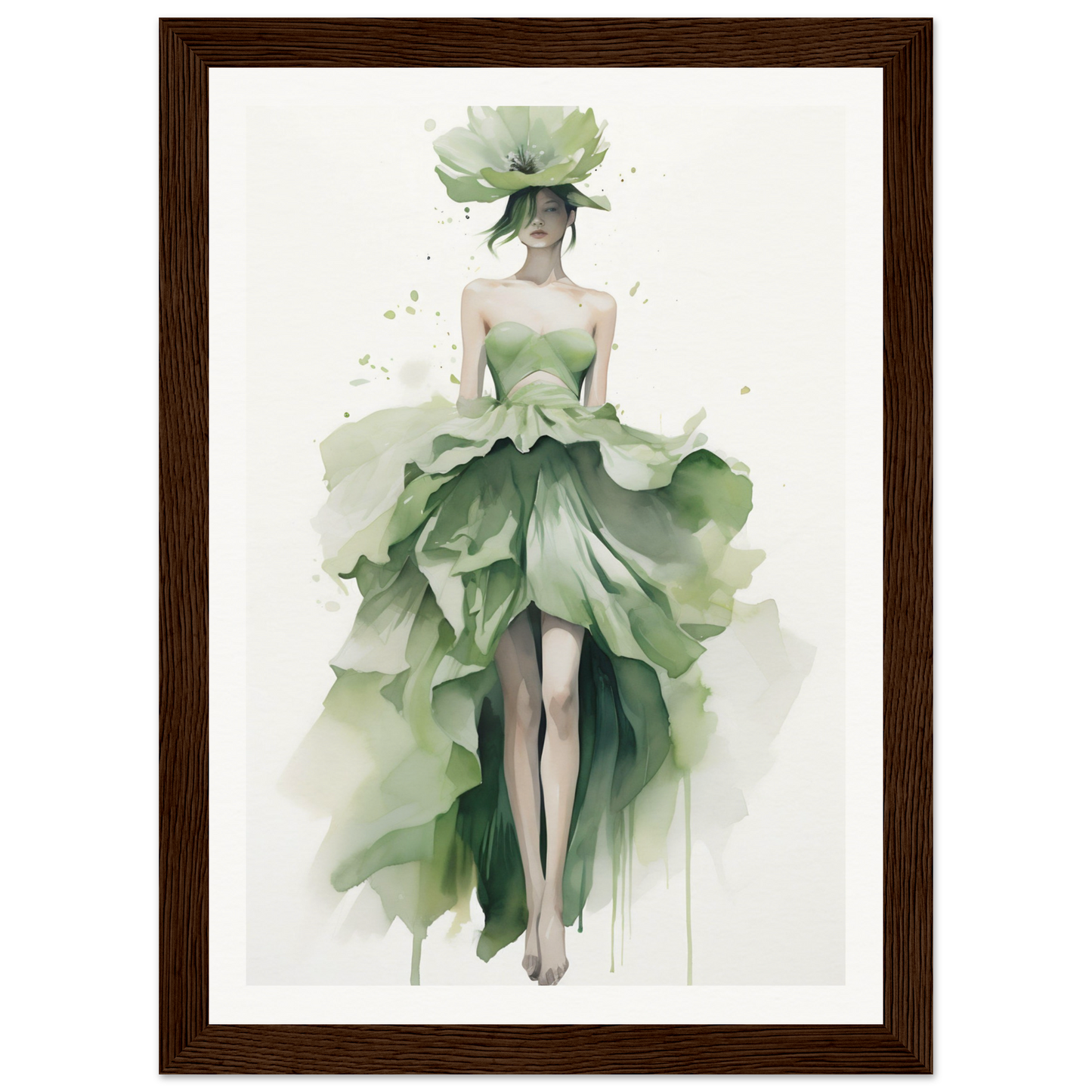 A framed print of a woman in a green dress