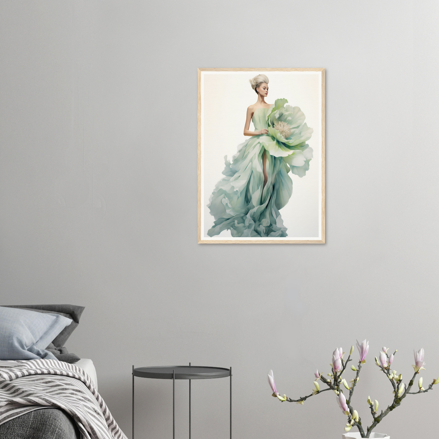 A framed print of a woman in a green dress