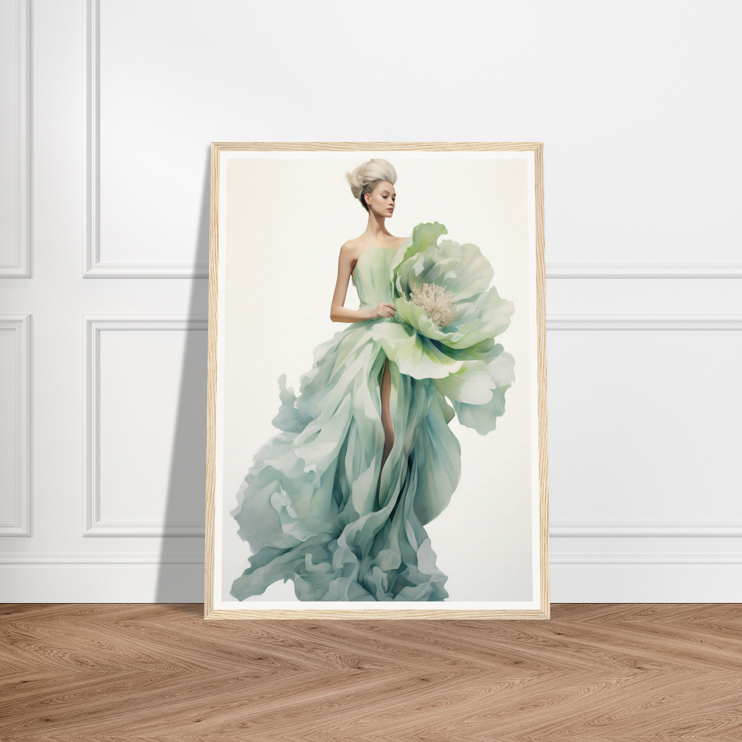 A framed print of a woman in a green dress