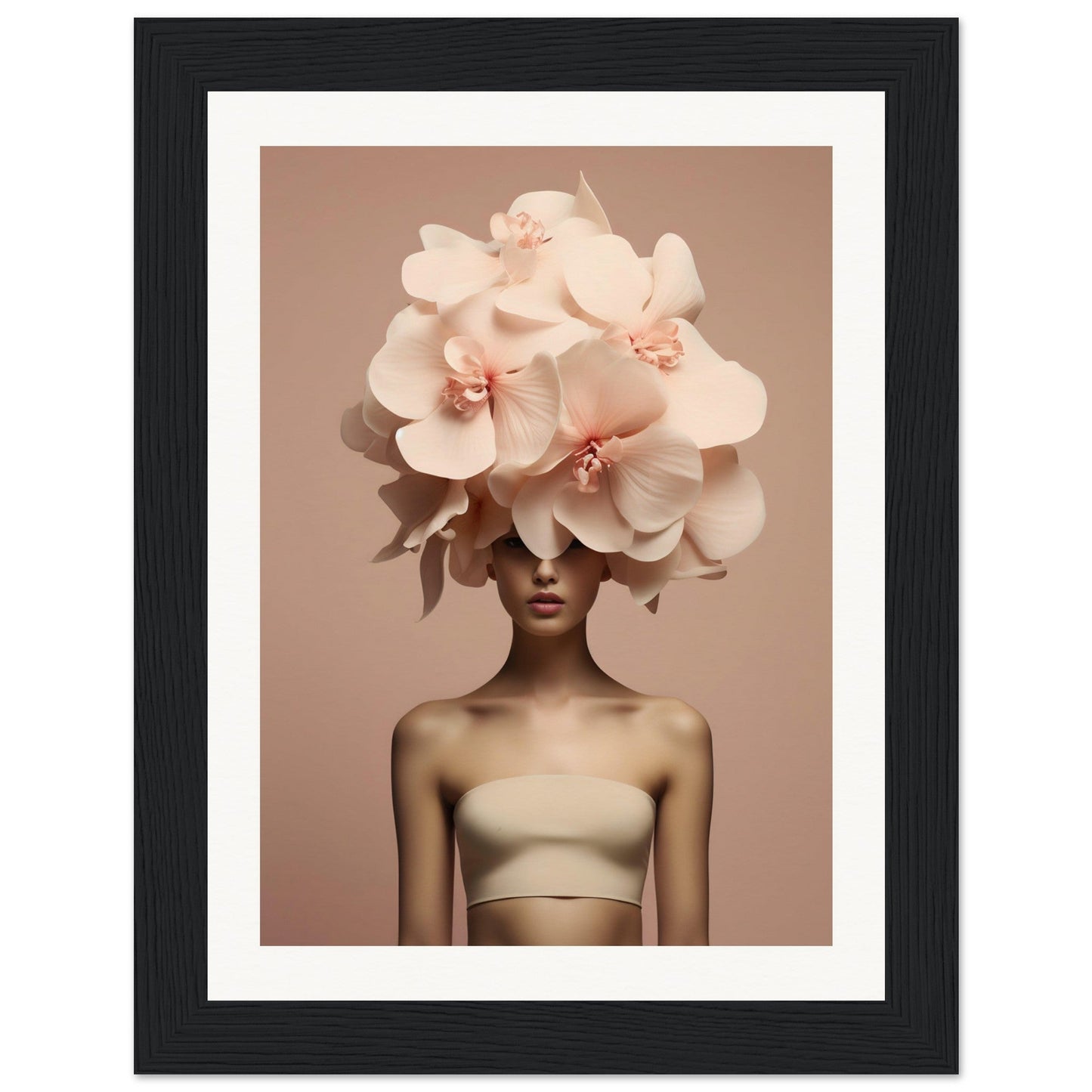 A framed print of a woman with a large flower on her head