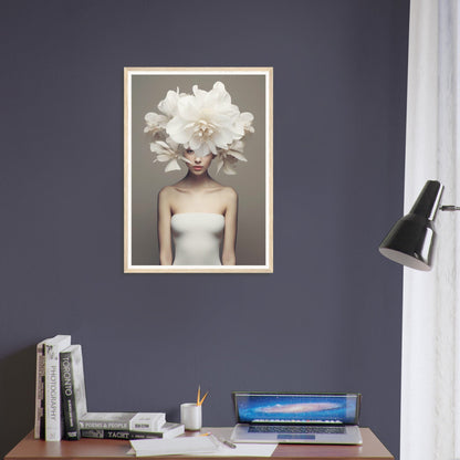 A framed print of a woman with a large white flower in her hair