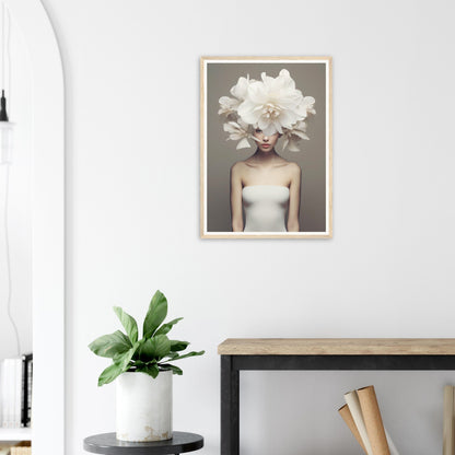 A framed print of a woman with a large white flower in her hair