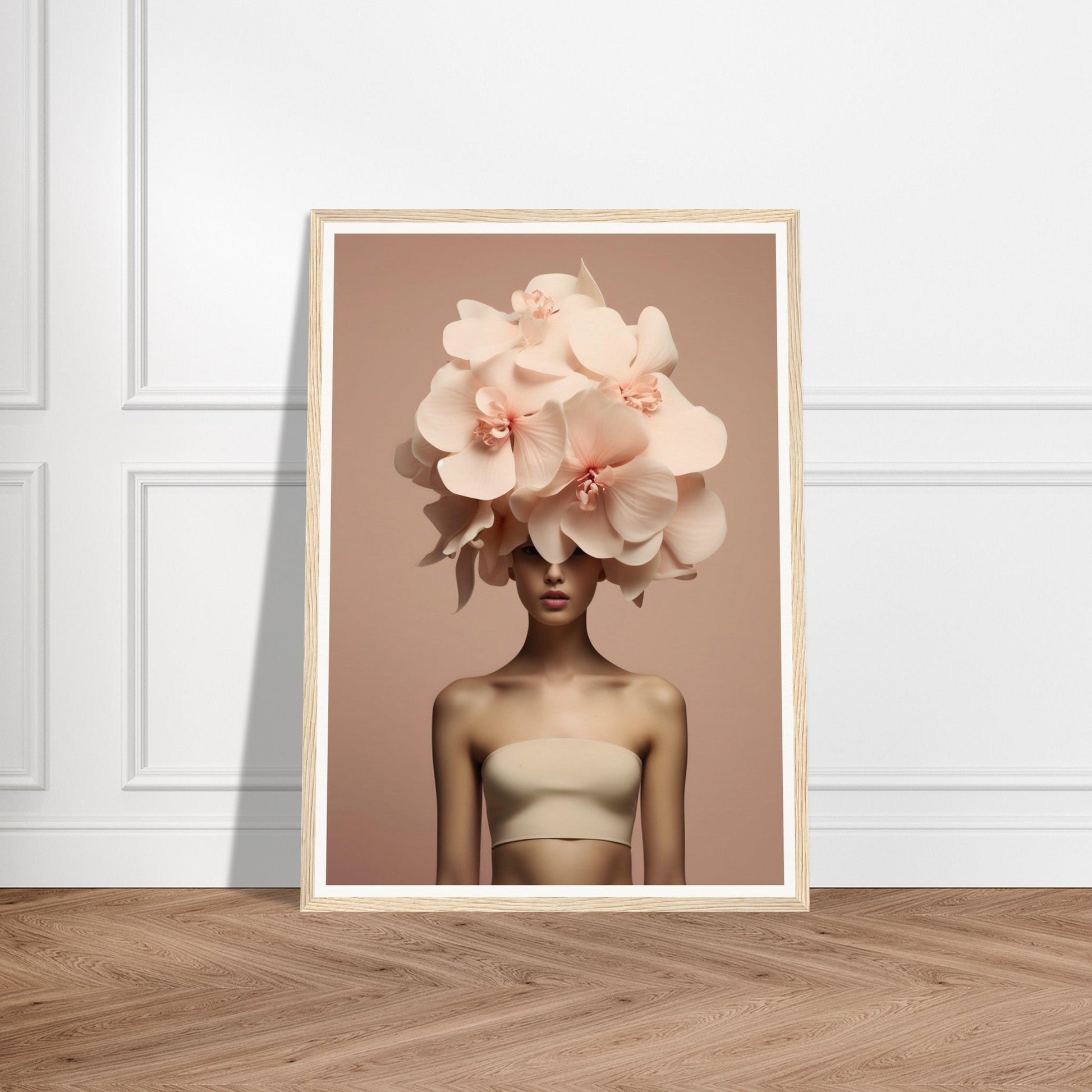 A framed print of a woman with a large flower on her head