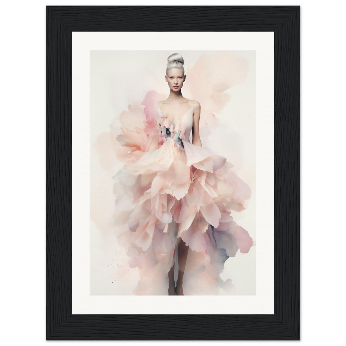 A framed print of a woman in a pink dress