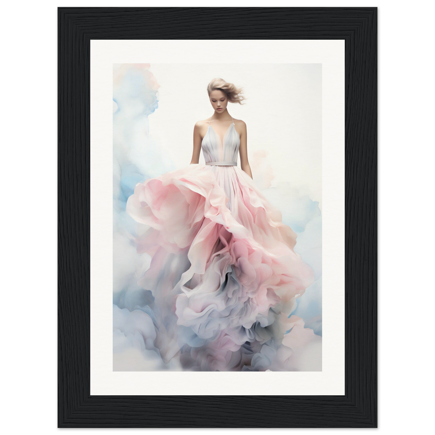 A framed print of a woman in a pink dress