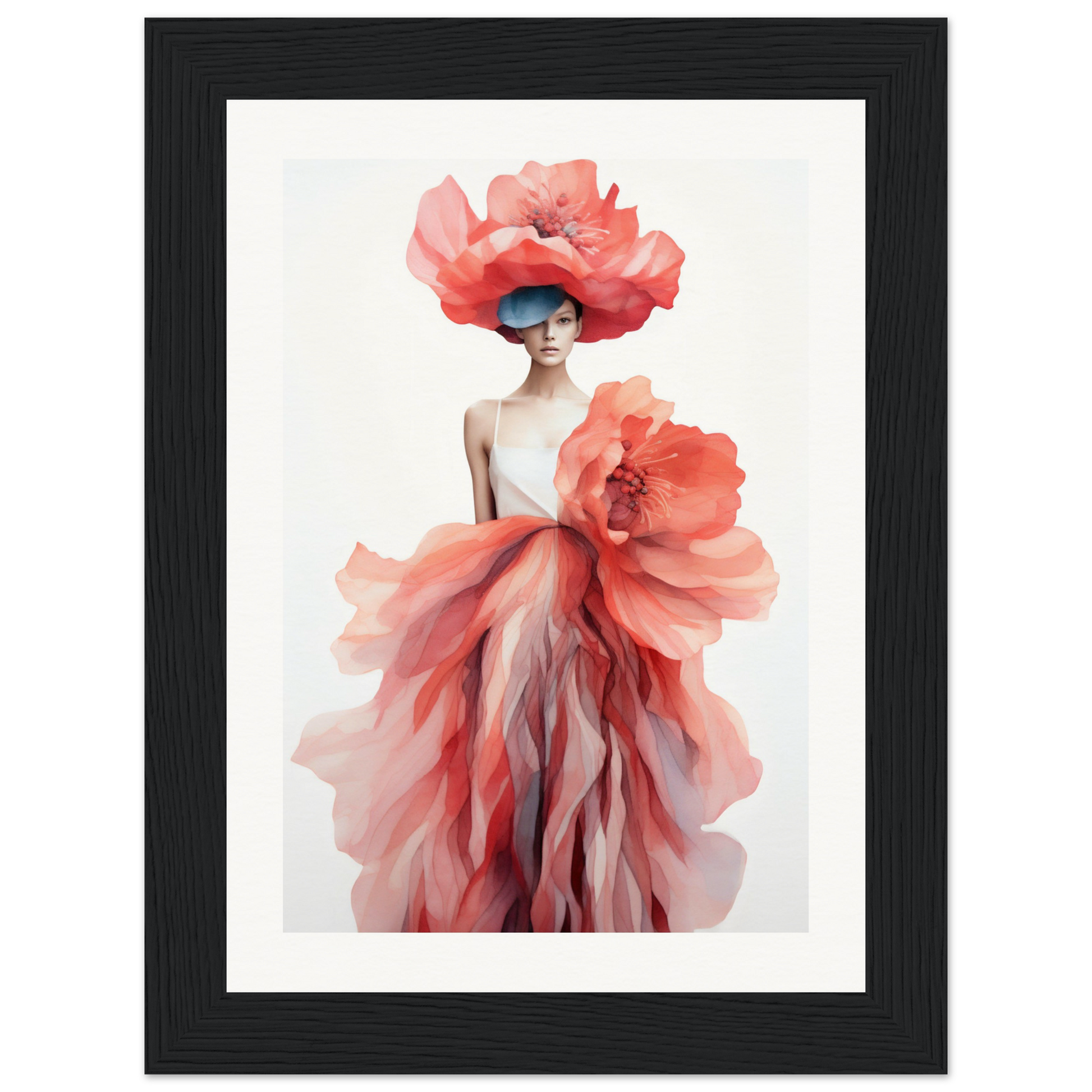 A framed print of a woman in a pink dress and hat