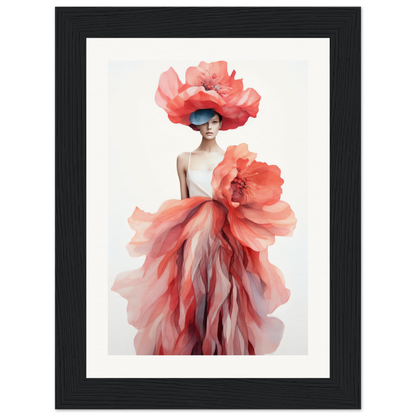 A framed print of a woman in a pink dress and hat