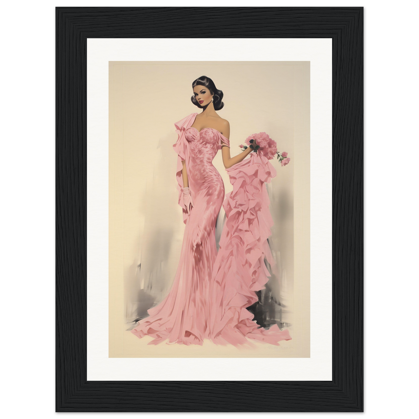 A framed print of a woman in a pink gown