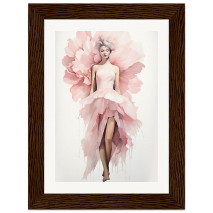 A framed print of a woman in a pink dress with a large flower