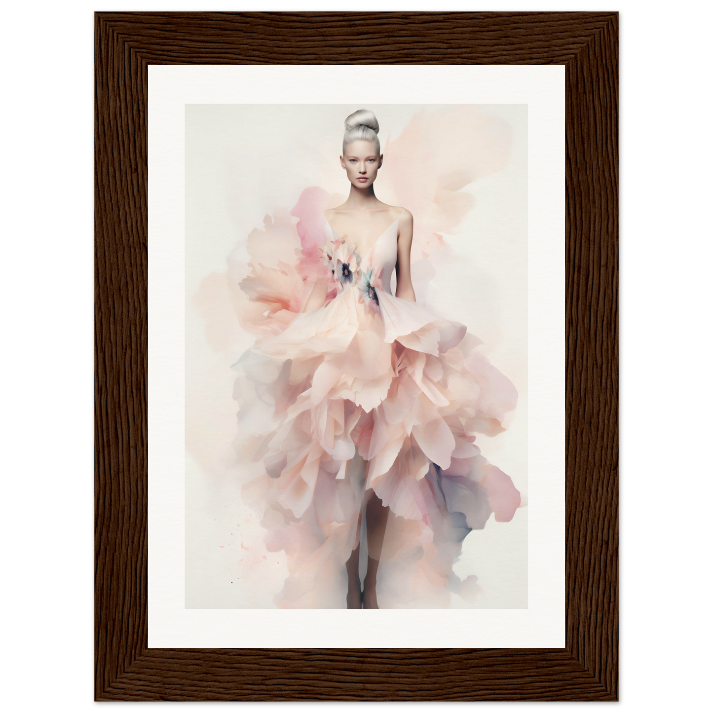 A framed print of a woman in a pink dress