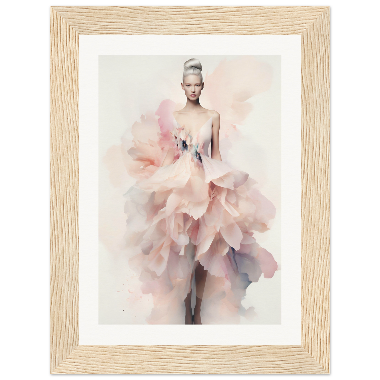 A framed print of a woman in a pink dress