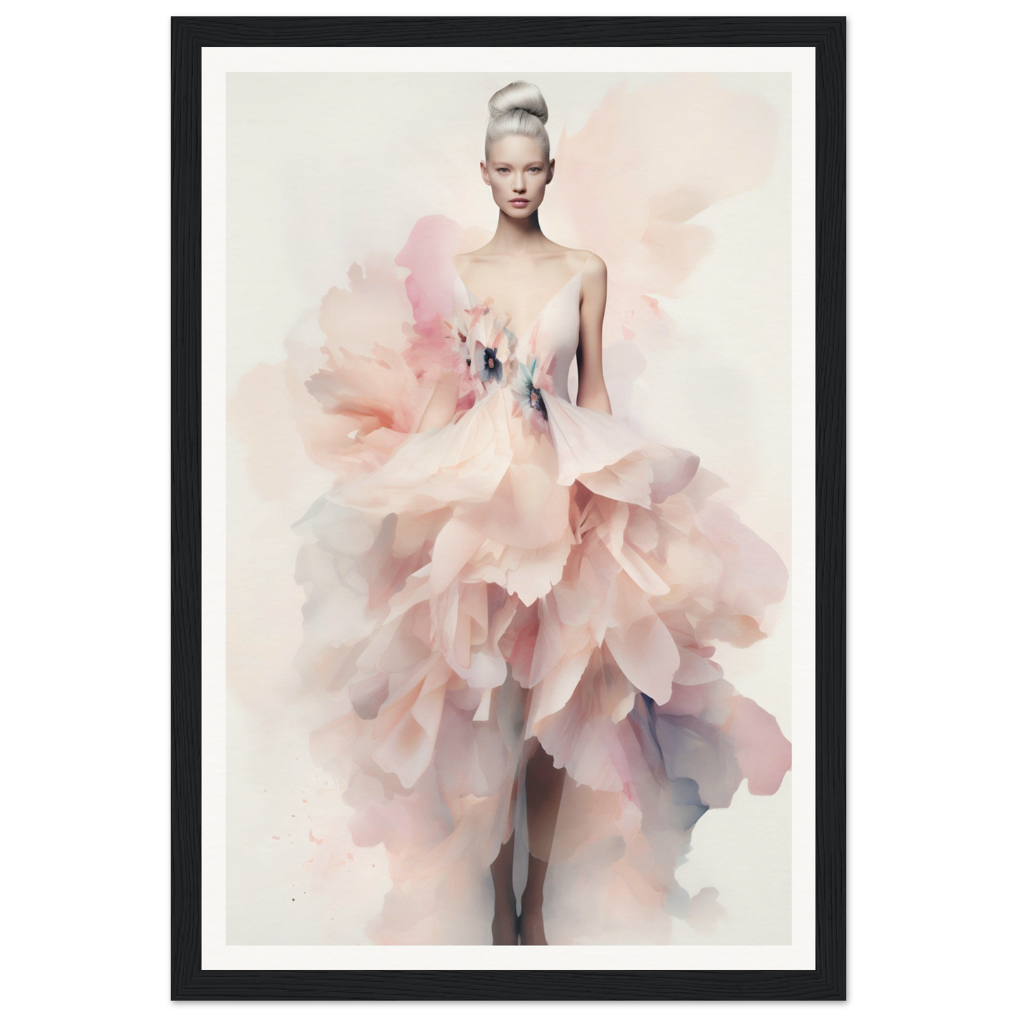 A framed print of a woman in a pink dress