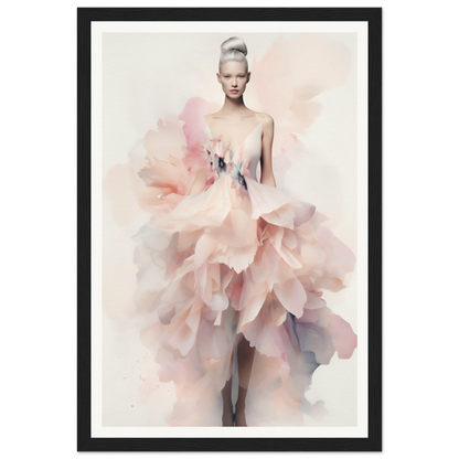 A framed print of a woman in a pink dress