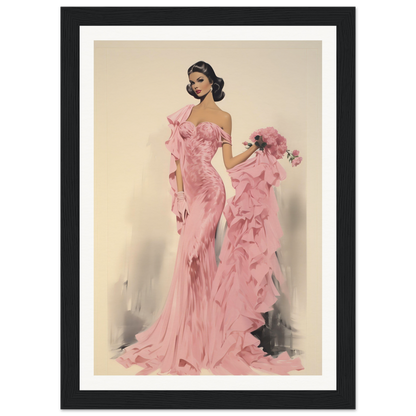 A framed print of a woman in a pink gown