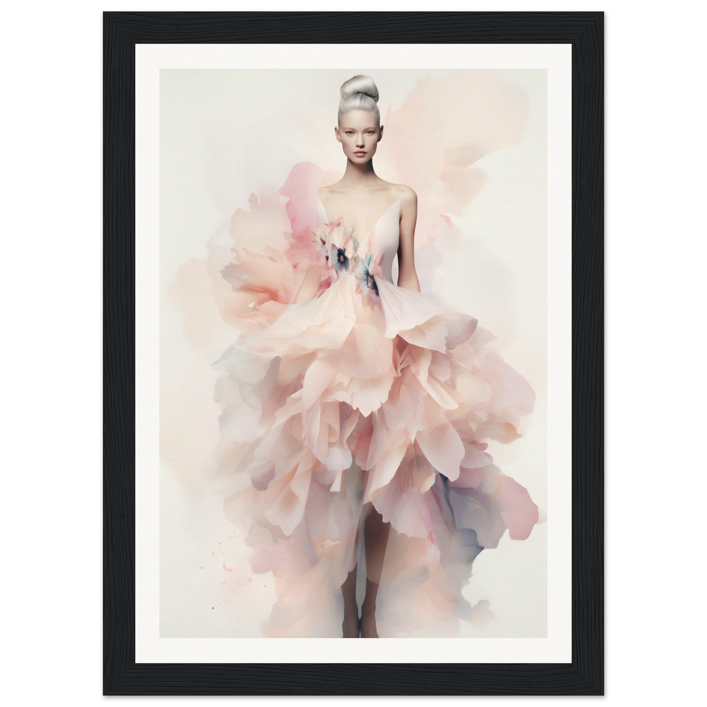 A framed print of a woman in a pink dress