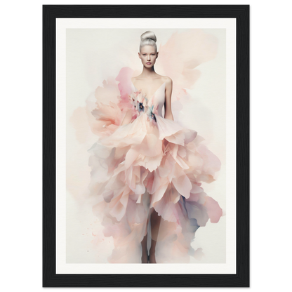 A framed print of a woman in a pink dress