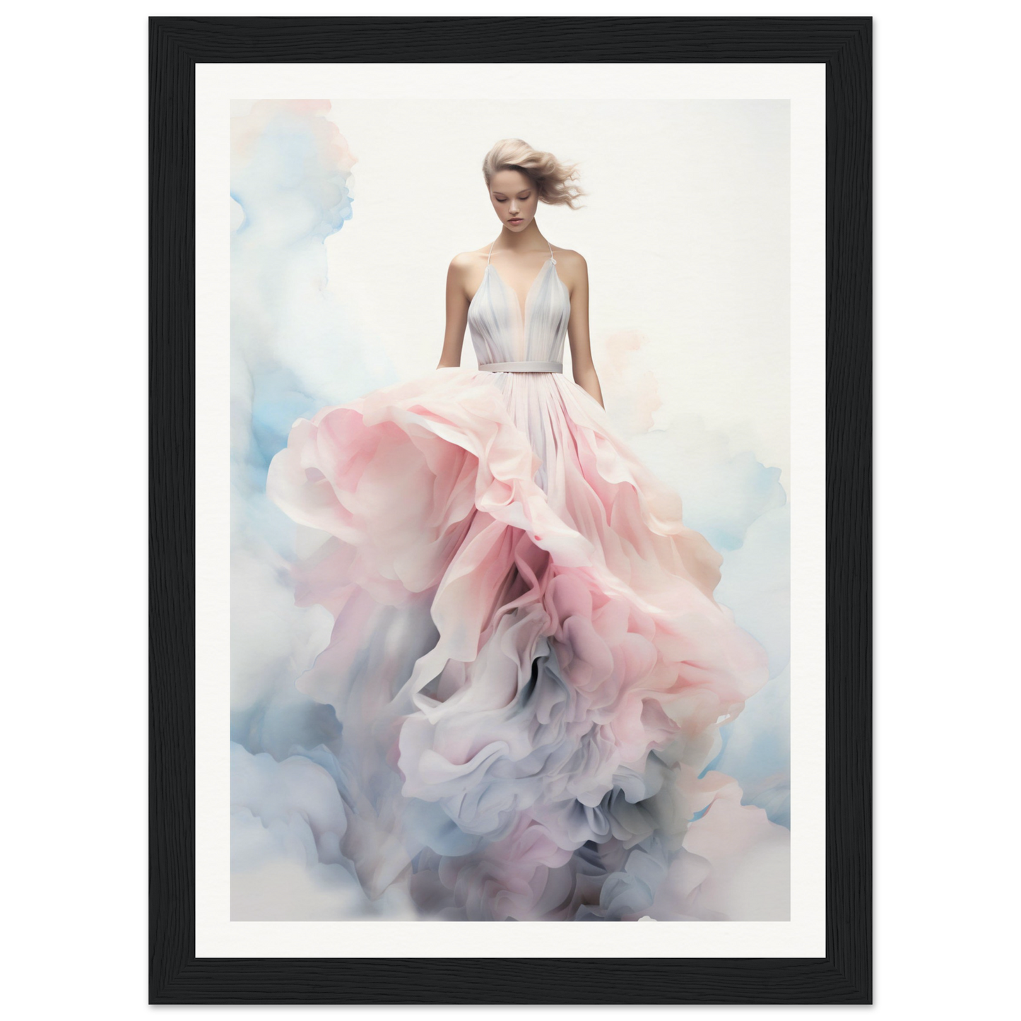 A framed print of a woman in a pink dress