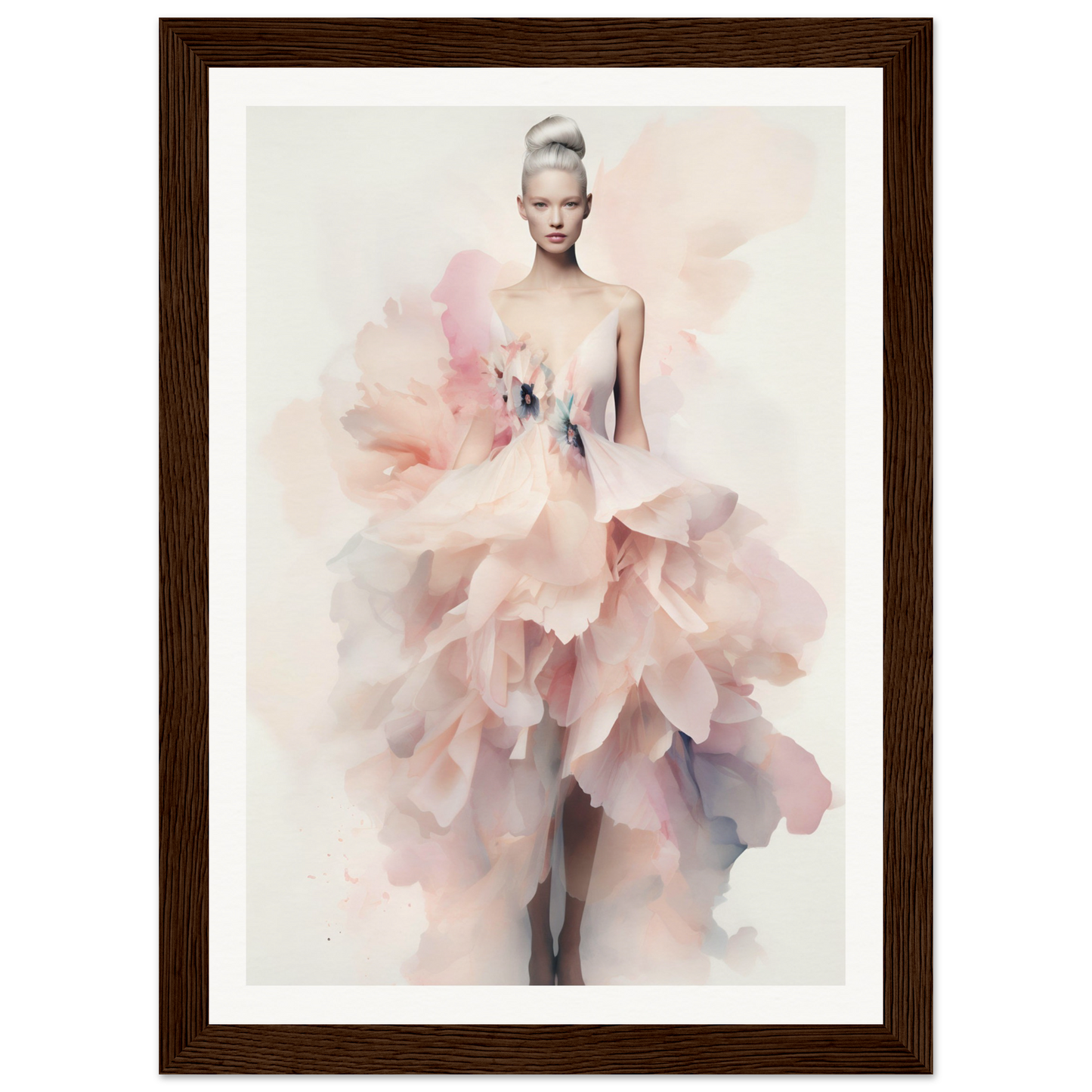 A framed print of a woman in a pink dress