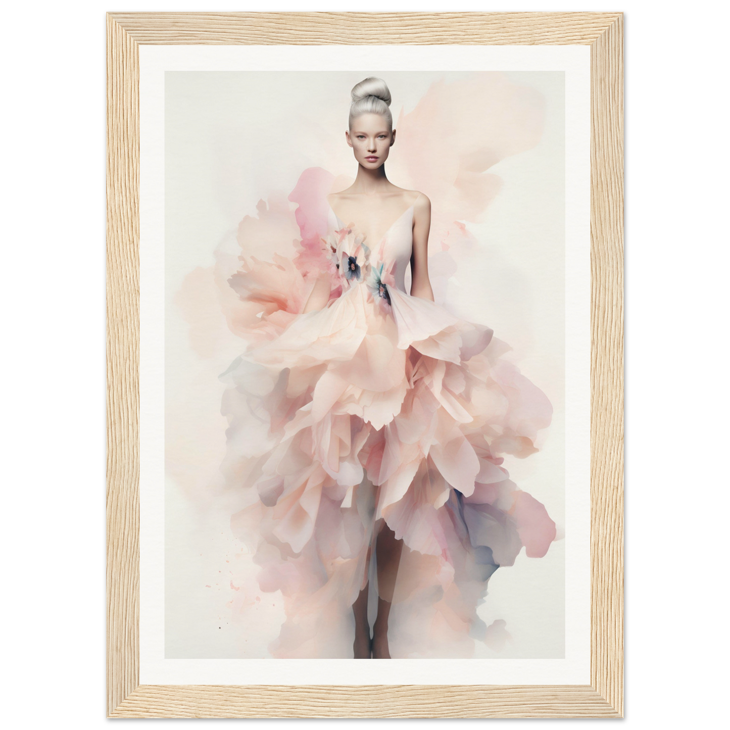 A framed print of a woman in a pink dress