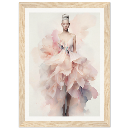 A framed print of a woman in a pink dress