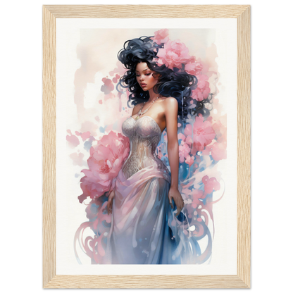 A framed print of a woman in a pink dress