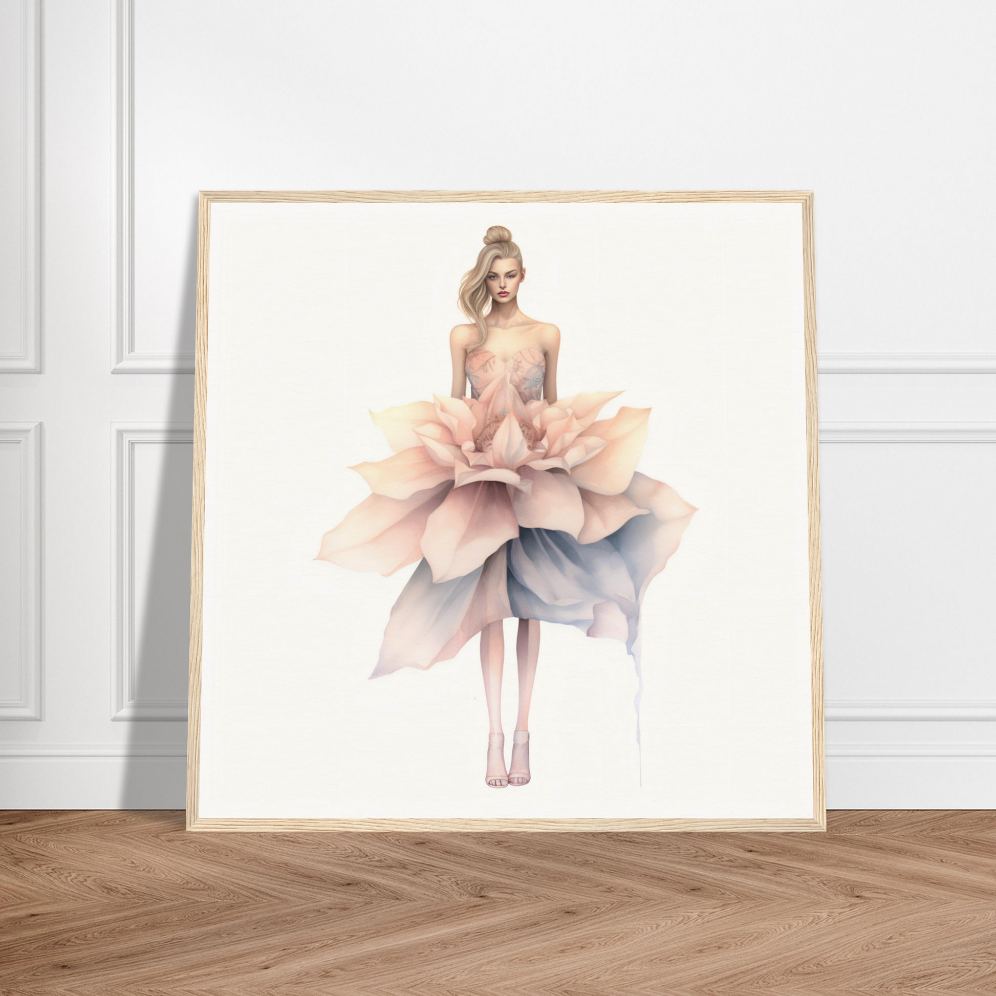 A framed print of a woman in a pink dress