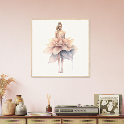 A framed print of a woman in a pink dress