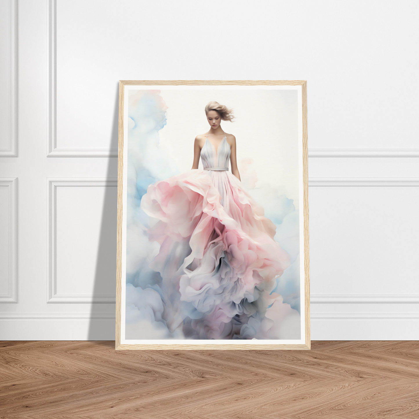 A framed print of a woman in a pink dress