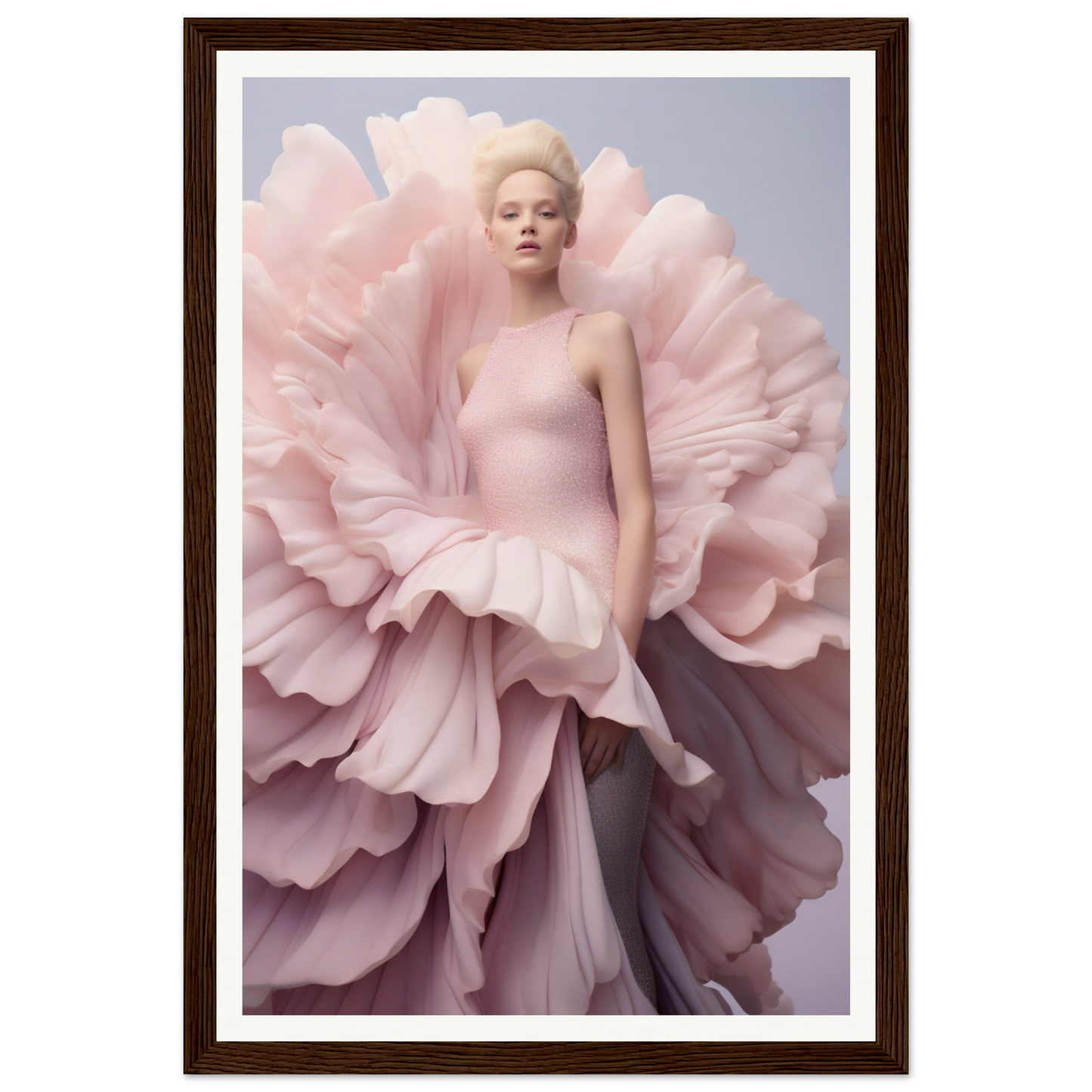 A framed print of a woman in a pink dress