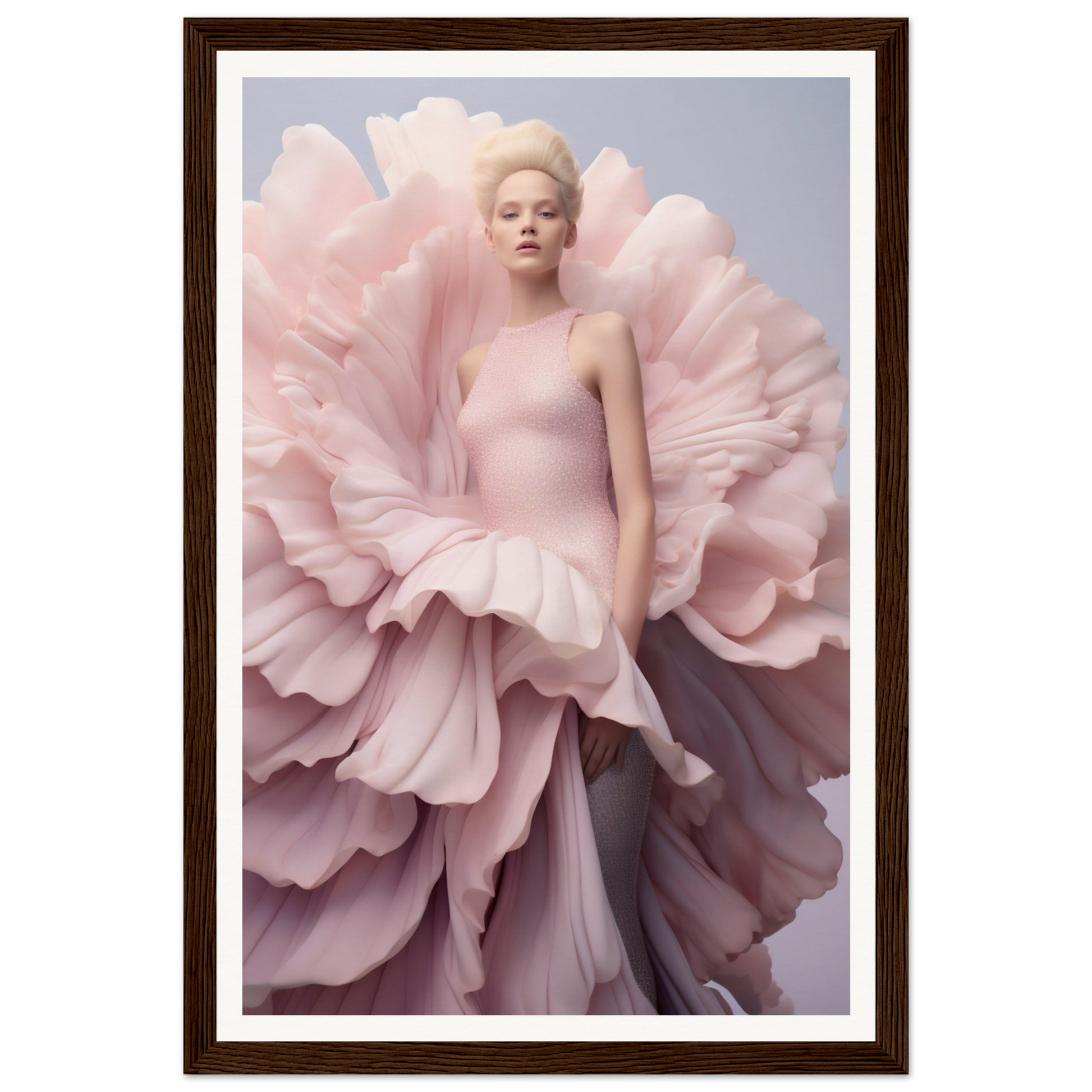 A framed print of a woman in a pink dress