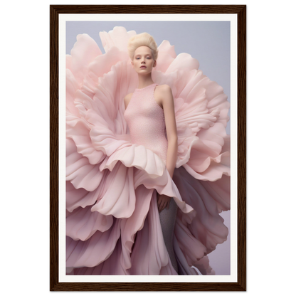 A framed print of a woman in a pink dress