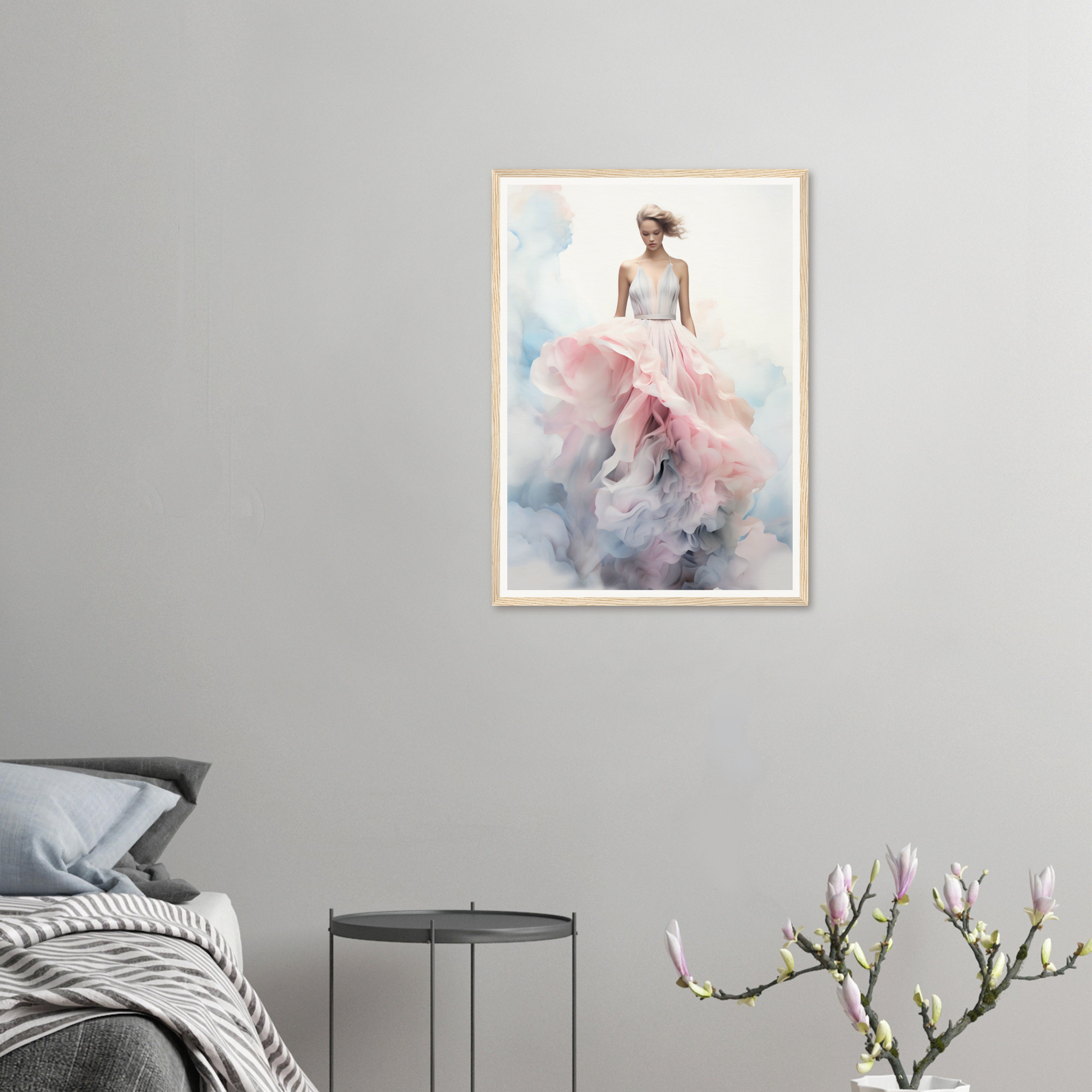 A framed print of a woman in a pink dress