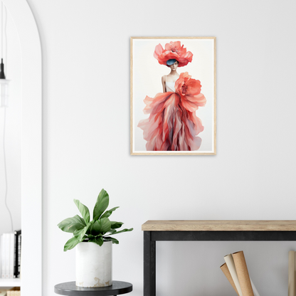 A framed print of a woman in a pink dress with a flower in her hair