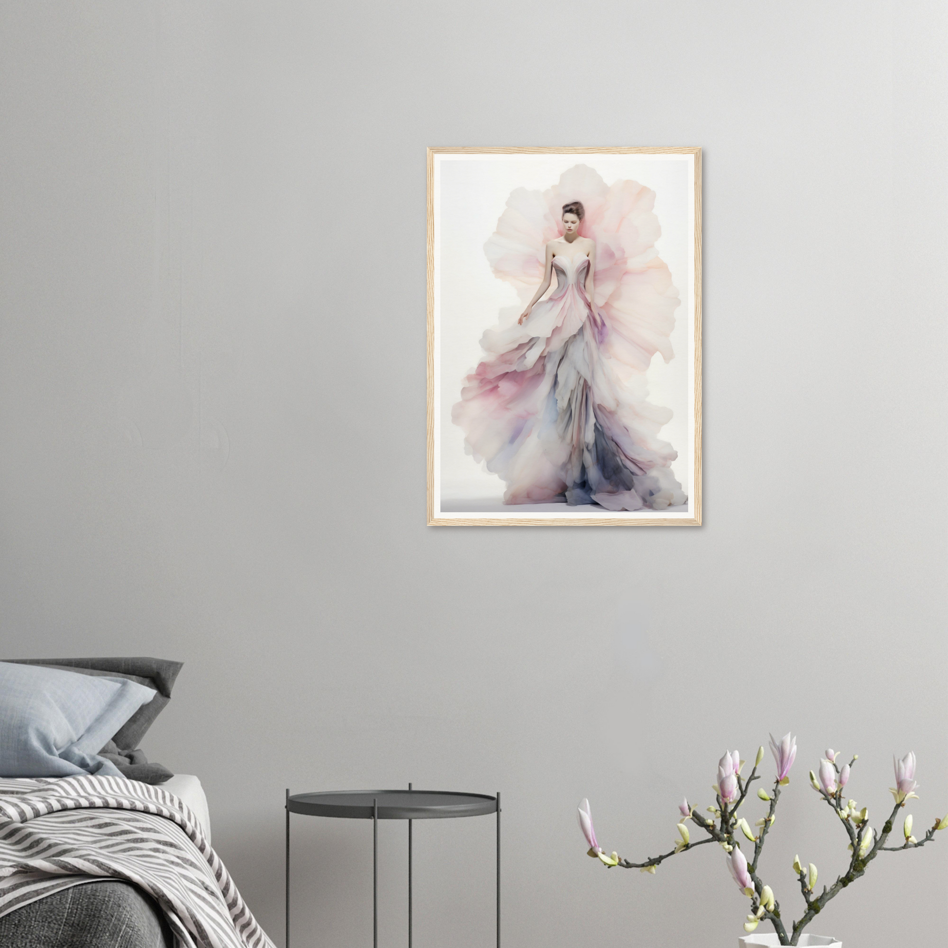 A framed print of a woman in a pink dress