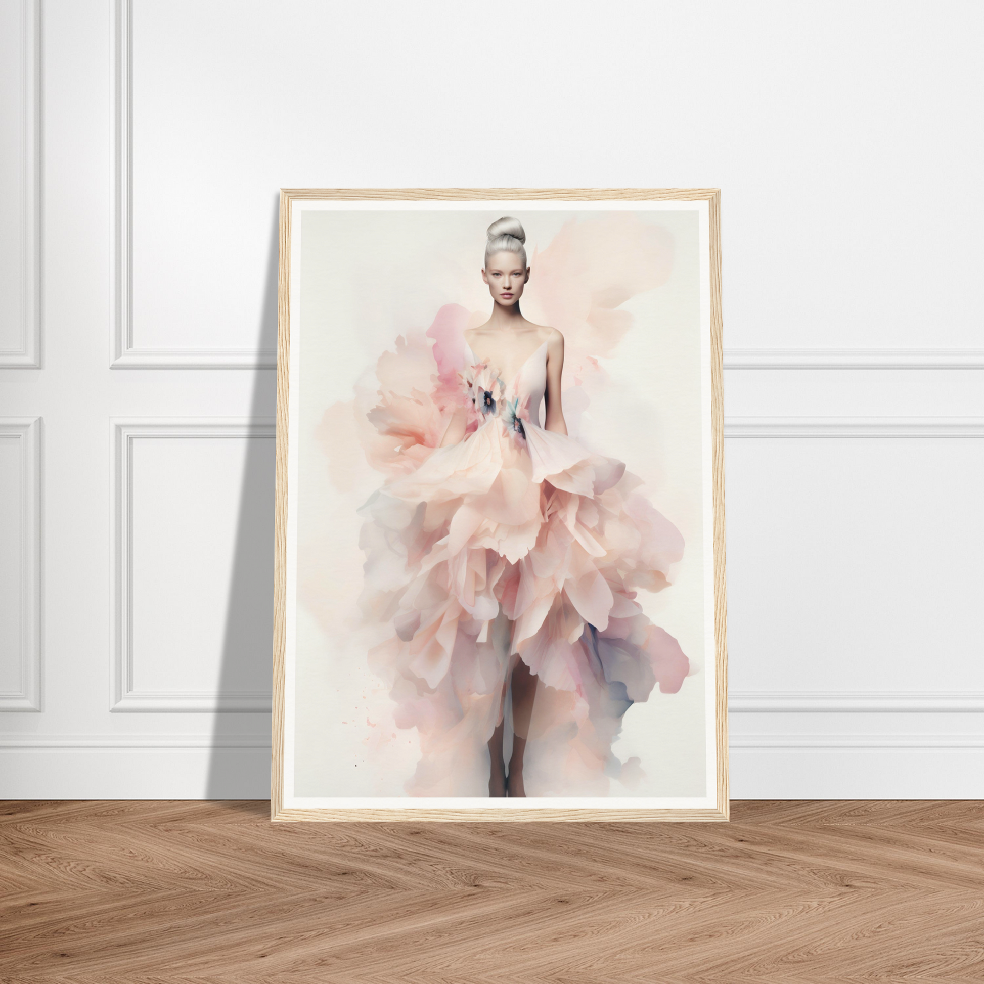 A framed print of a woman in a pink dress