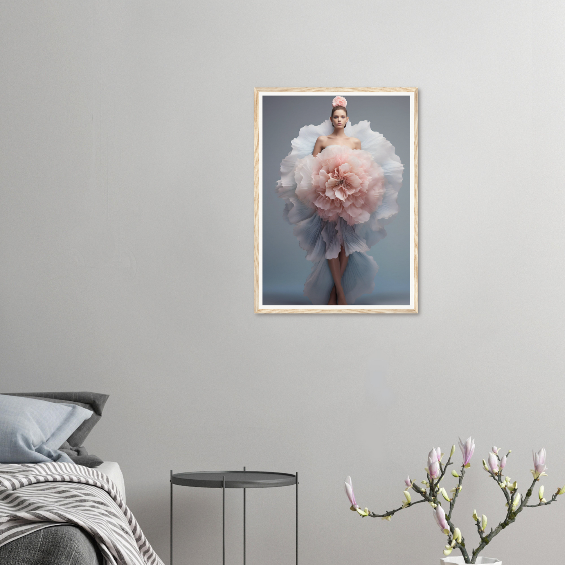 A framed print of a woman in a pink dress with a large flower