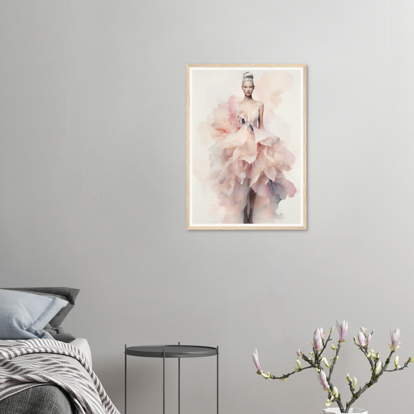 A framed print of a woman in a pink dress