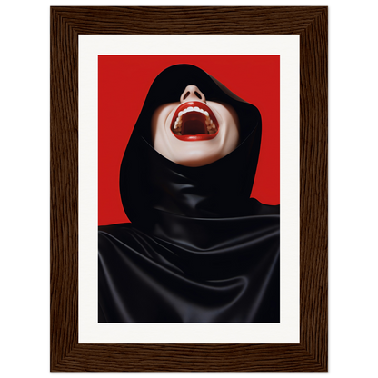 A framed print of a woman with a red background