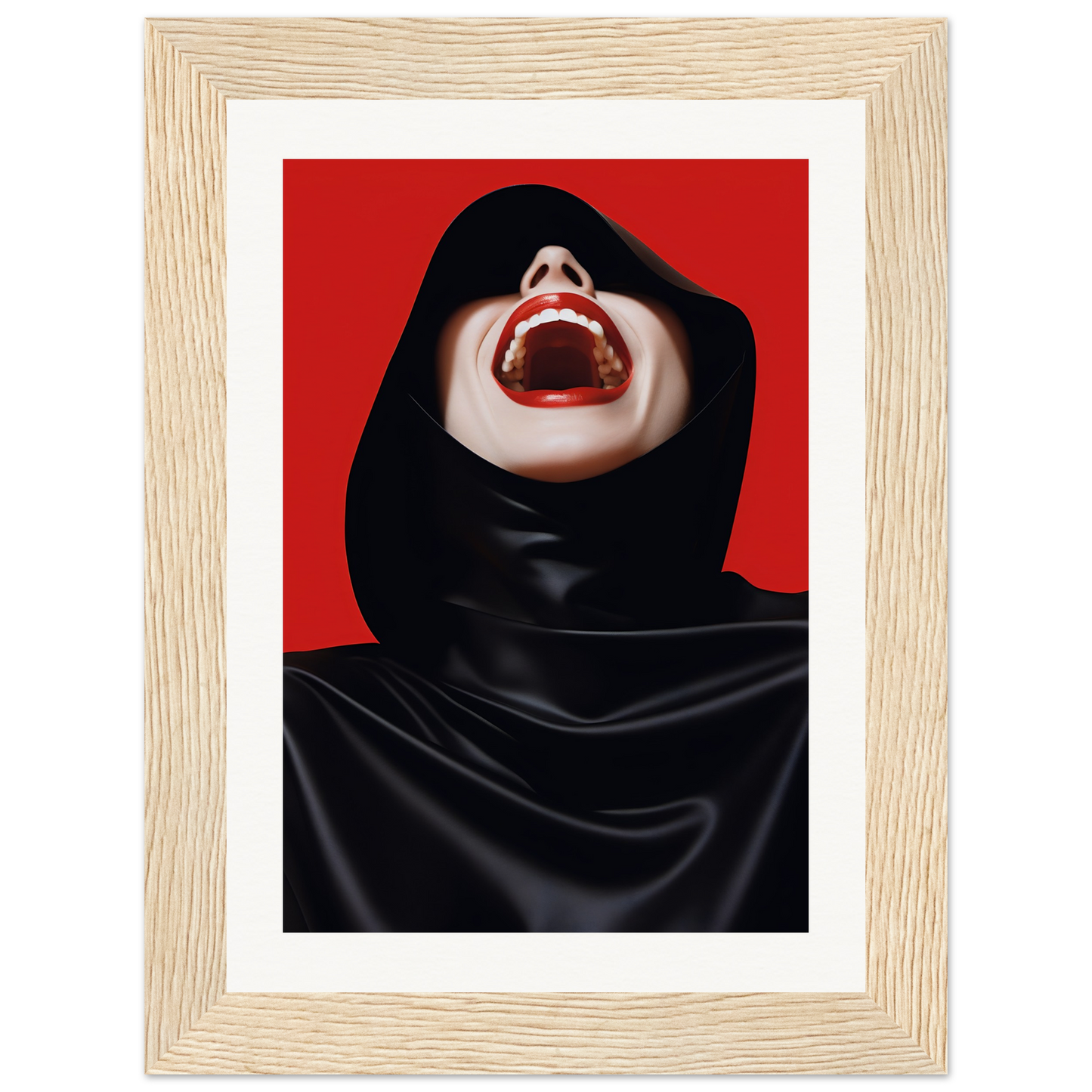 A framed print of a woman with a red background