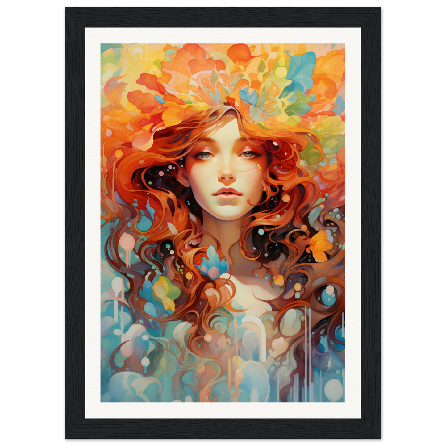 A framed print of a woman with red hair and orange flowers